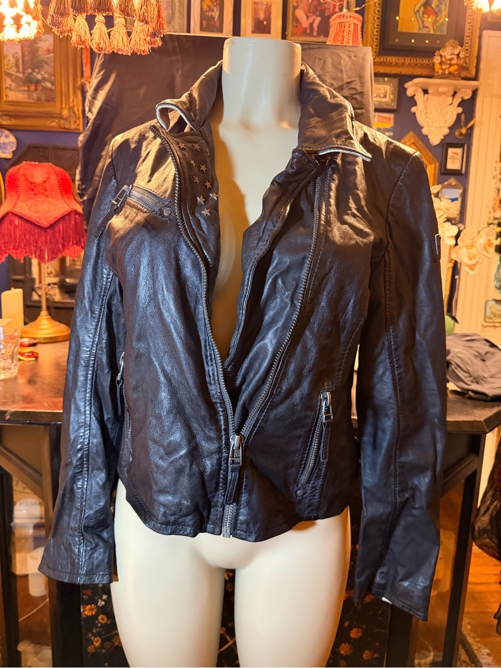 Women’s Black Leather Moto Jacket with Star-Stud Collar